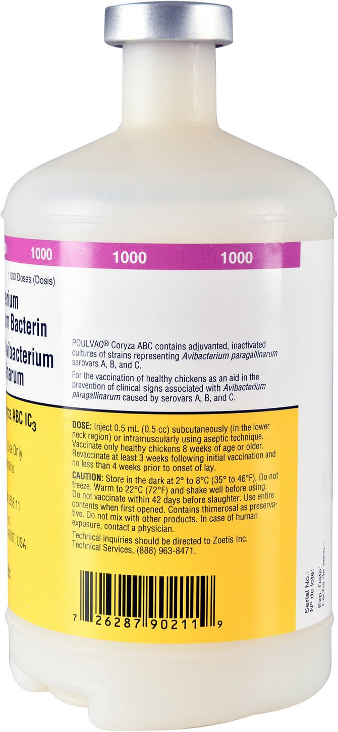 POULVAC Coryza ABC IC3 Poultry Vaccine (Haemophilus Paragallinarum Bacterin), 500 mL - F7JC - 1,000 Dose - 2