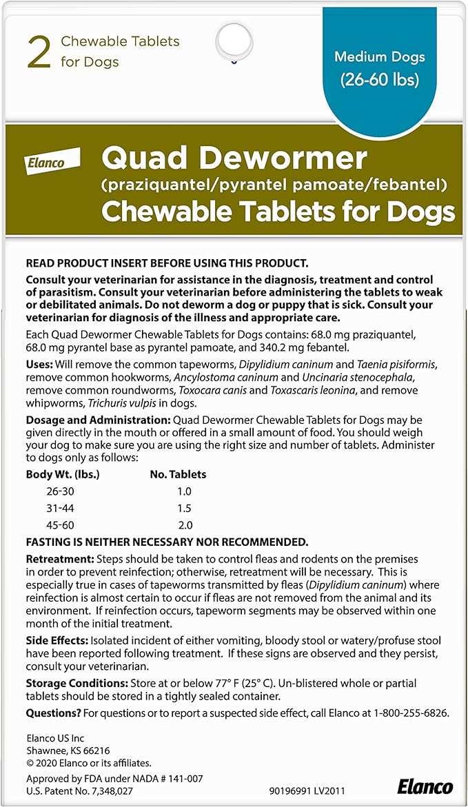 Quad Dewormer Chewable Tablets for Dogs - E8A0 - 2 pack - Medium - 2