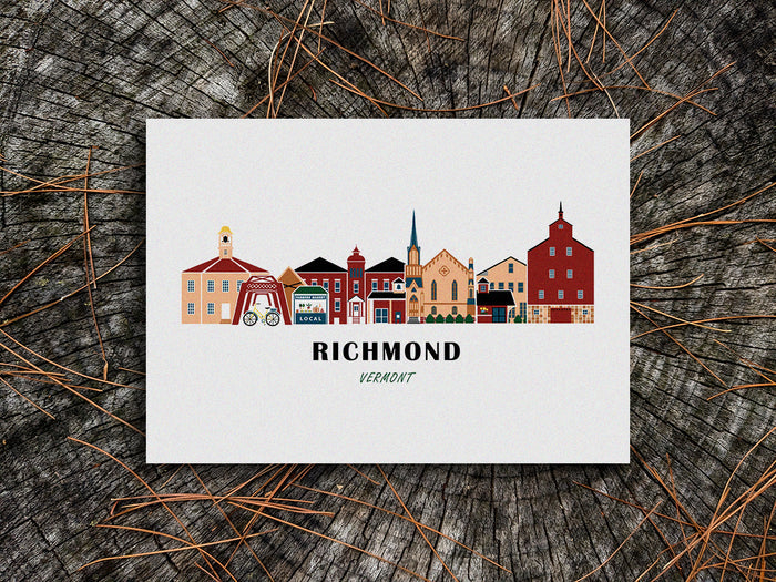 Art print of buildings arranged in a skyline with the text Richmond Vermont