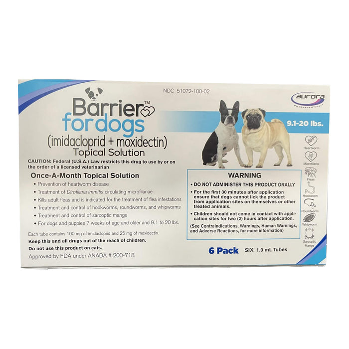 Barrier (imidacloprid + moxidectin) Once - a - month Topical Solution for Dogs - 012AUR-739622 - 9.1 - 20 lbs - 6 ct (6 Month Supply) - 3