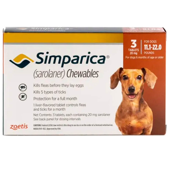 Simparica (sarolaner) Chewable Tablets for Dogs - 012ZOE03-12452 - 11.1 - 22 lb - 3 Chewable Tablets - 1