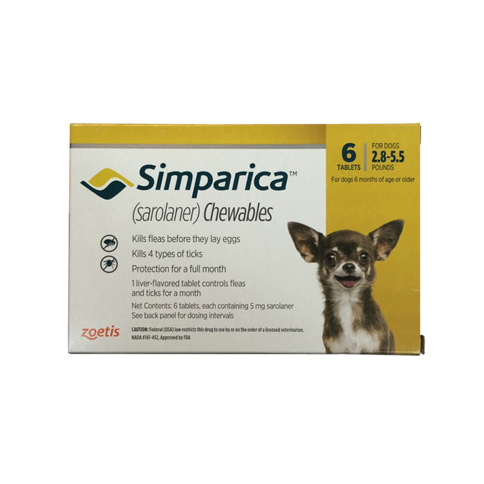 Simparica (sarolaner) Chewable Tablets for Dogs - 012ZOE06-12457 - 2.8 - 5.5 lb - 6 Chewable Tablets - 5