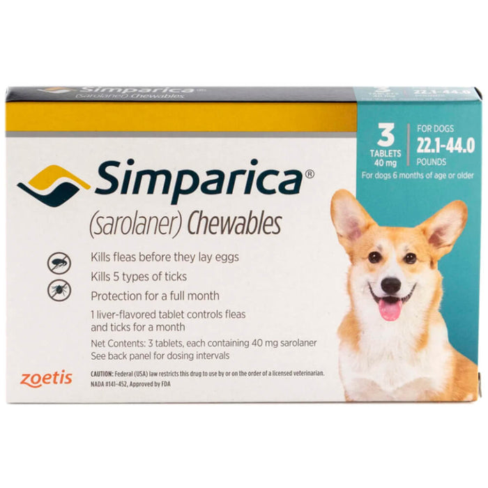Simparica (sarolaner) Chewable Tablets for Dogs - 012ZOE03-12454 - 22.1 - 44 lb - 3 Chewable Tablets - 6