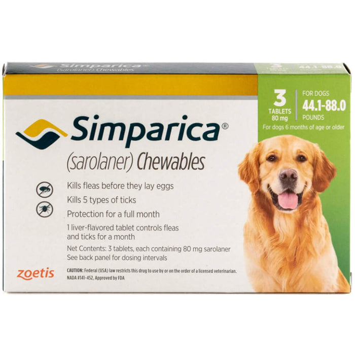 Simparica (sarolaner) Chewable Tablets for Dogs - 012ZOE03-12455 - 44.1 - 88 lb - 3 Chewable Tablets - 7