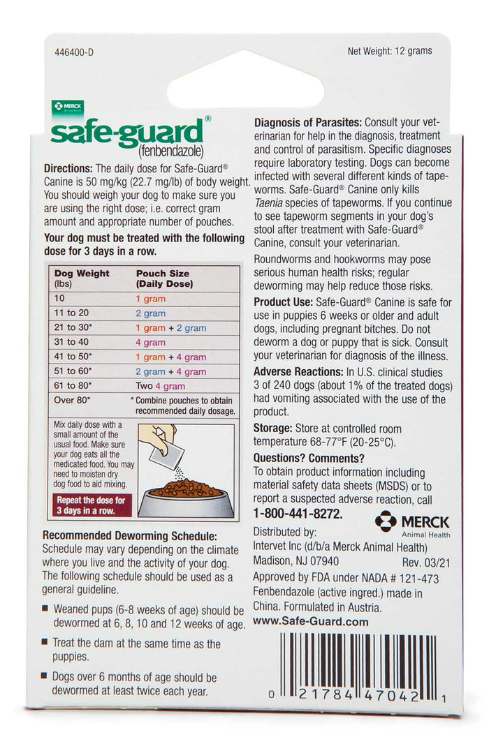 Safe - Guard Canine Fenbendazole Dewormer for Tapeworms, Roundworms, Hookworms, & Whipworms - 016ITV01-4 - 4 g - 6