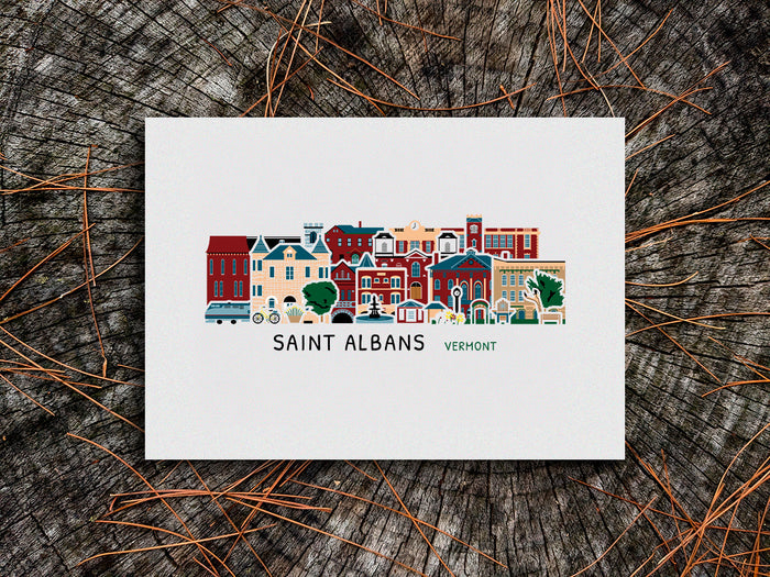 Print featuring buildings of Saint Albans Vermont arranged in a cityscape