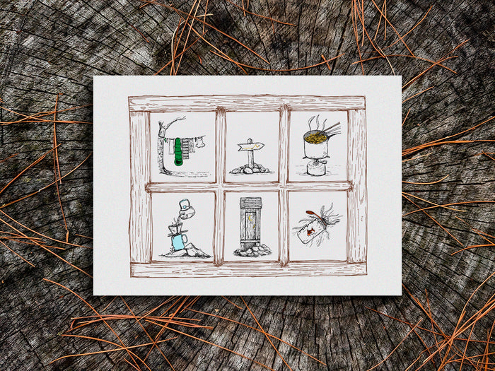 Illustration of a window looking into 6 trail scenes - ramen cooking on a camping stove, gear hanging to dry, an outhouse, a trail maker, water bottle, and pour-over coffee - on a wood surface.