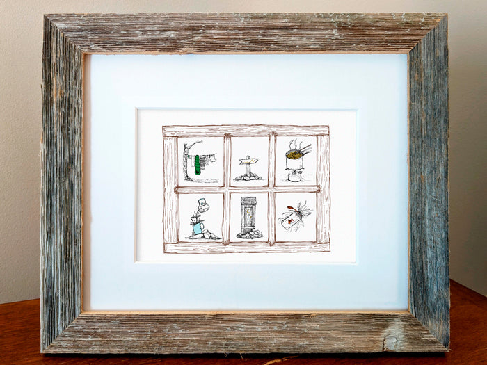 Framed illustration of a window looking into 6 trail scenes - ramen cooking on a camping stove, gear hanging to dry, an outhouse, a trail maker, water bottle, and pour-over coffee.