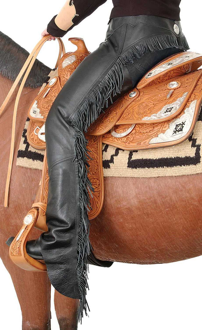 Smooth Leather Chaps with Fringe - JTIAGB - XSmall - Black - 2