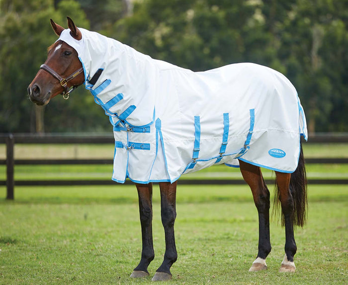 Sweet Itch Shield Combo Neck Horse Fly Sheet, White/Blue - 0V5EC - 66 in - White with Sky Blue Trim - 1
