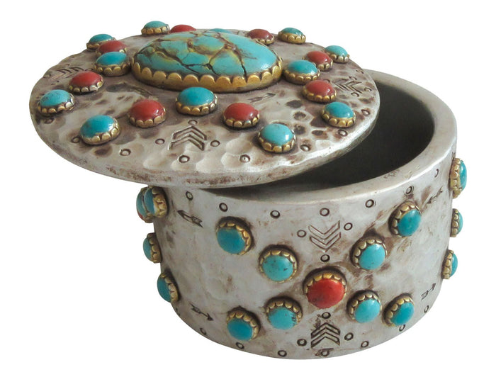 Turquoise Stones Jewelry & Trinket Box - JTIA4T - Turquoise & Red Stones - 1