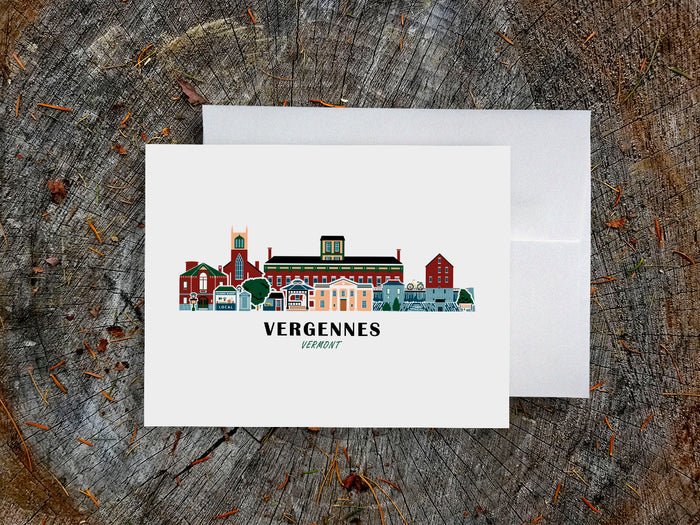 Greeting card with image of buildings arranged in a city skyline with the text Vergennes Vermont