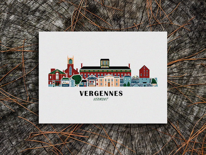 Art print of buildings arranged in a skyline with the text Vergennes Vermont