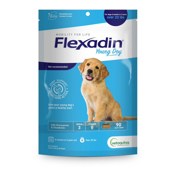 Vetoquinol Flexadin Young Dog, 90 ct - 015VET-464404 - Initial Oral Administration (4 to 6 week period) Dogs 22lbs to 44lbs: 2 chews daily Dogs 45 lbs to 6 - 1