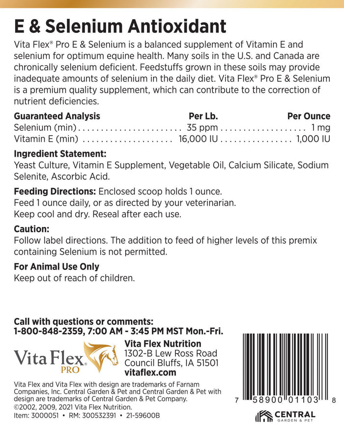 Vita Flex E and Selenium Supplement for Horses, Balanced Essential Antioxidants - FA5X - 4lbs - 2