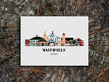 Art print of buildings arranged in a skyline with the text Waitsfield Vermont