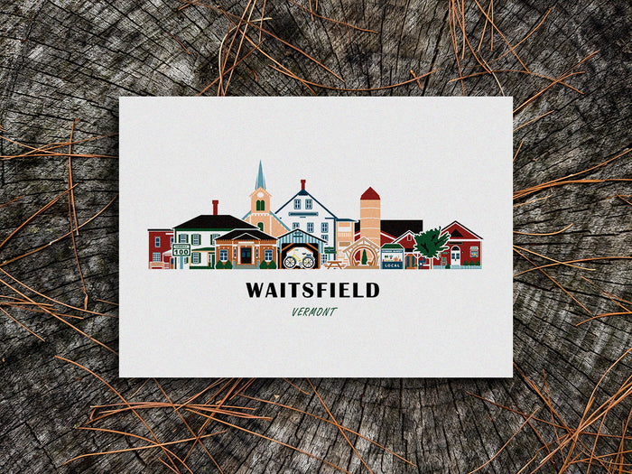 Art print of buildings arranged in a skyline with the text Waitsfield Vermont