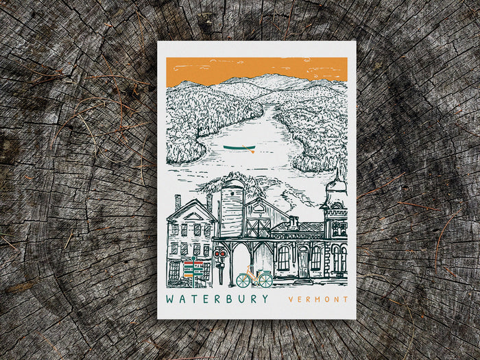 Pen and ink illustration of Waterbury Vermont with the reservoir in the background.