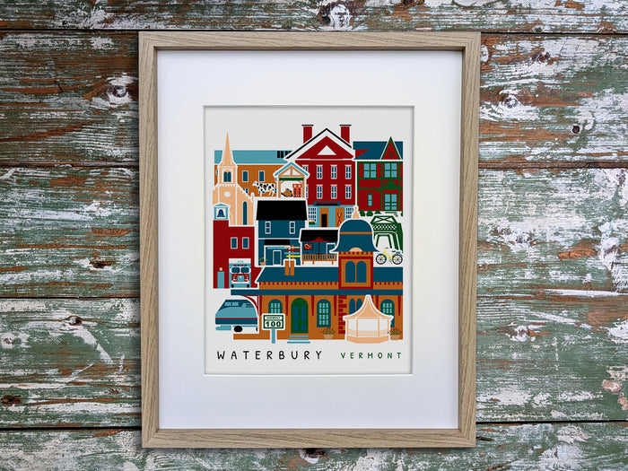Framed vertical poster with buildings and landmarks in a stacked arrangement with the text Waterbury Vermont.