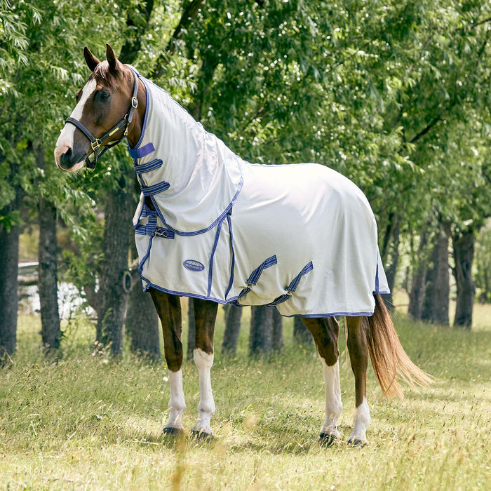 WeatherBeeta ComFiTec Airflow II Detach - a - Neck Fly Sheet - Breathable Mesh Horse Sheet with 75% UV Protection, Insect & Summer Coverage - 0V6D6 - Grey with Blue/Grey Trim - 66" - 1