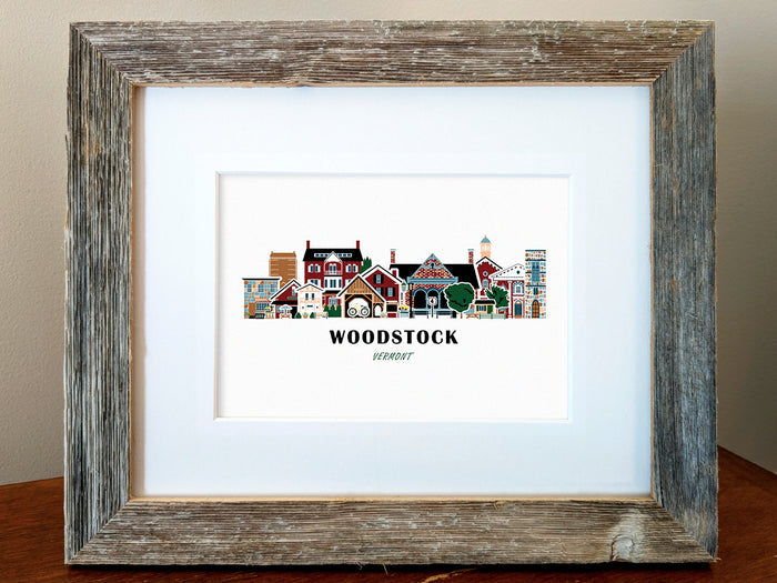 Framed print of Woodstock, Vermont with a rustic wooden frame.