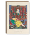 Greeting card with called working from home featuring illustration of a woman in a full skirted yellow dress sitting in a room with bookshelves and a mirror, reading on a sofa